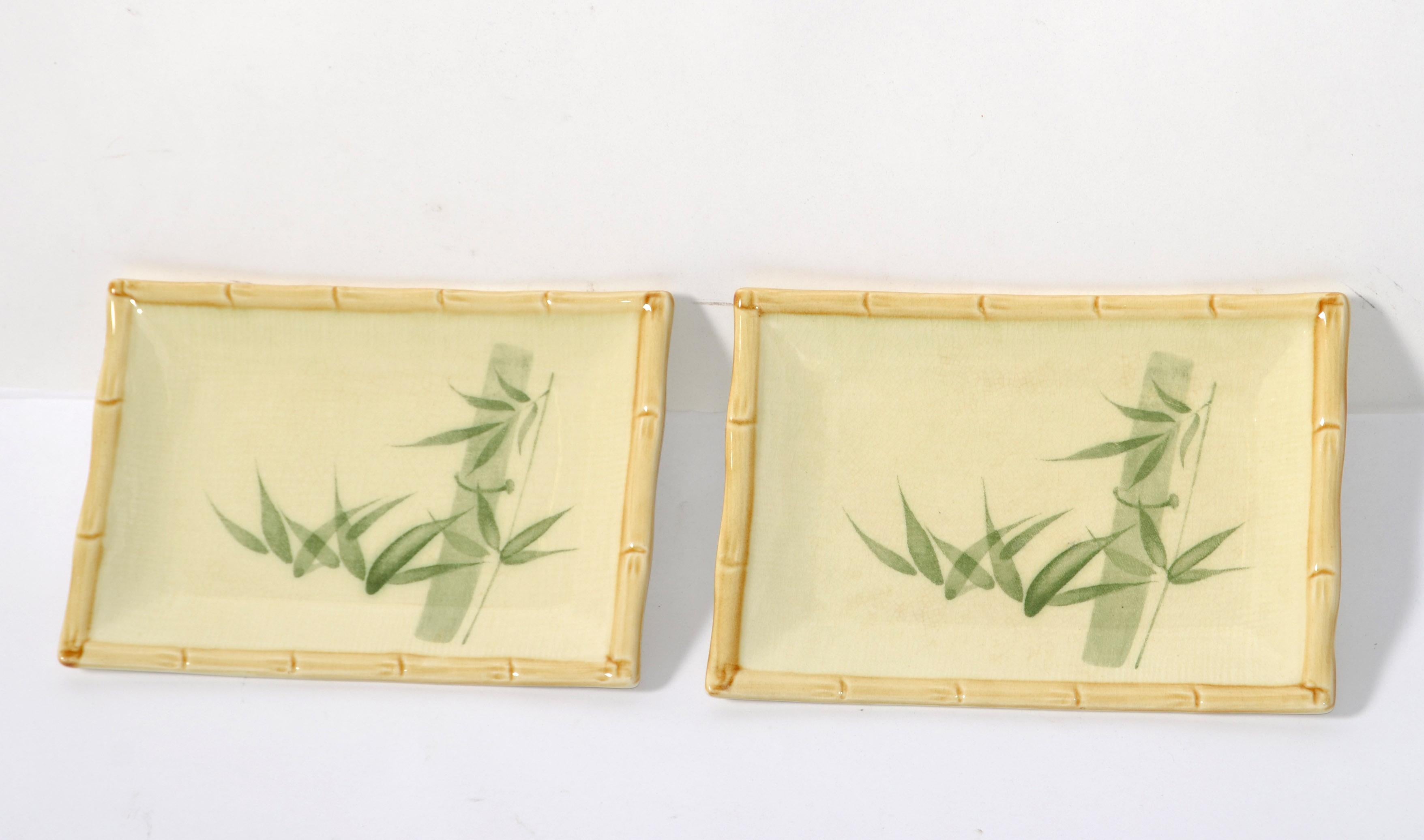 Japanese Pair Miya Japan Porcelain Sushi Serving Plates Trays Green Beige Bamboo Décor  For Sale