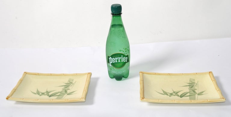 Pair Miya Japan Porcelain Sushi Serving Plates Trays Green Beige Bamboo