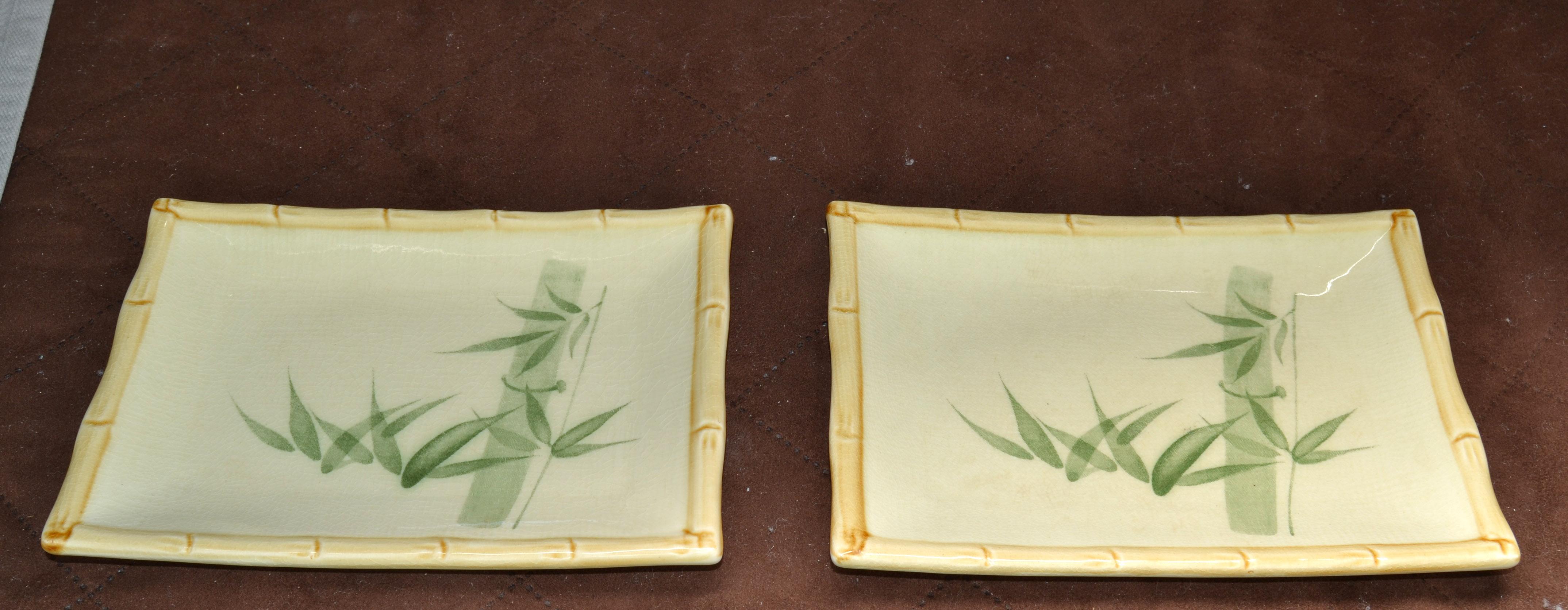 Pair Miya Japan Porcelain Sushi Serving Plates Trays Green Beige Bamboo Décor  In Good Condition For Sale In Miami, FL