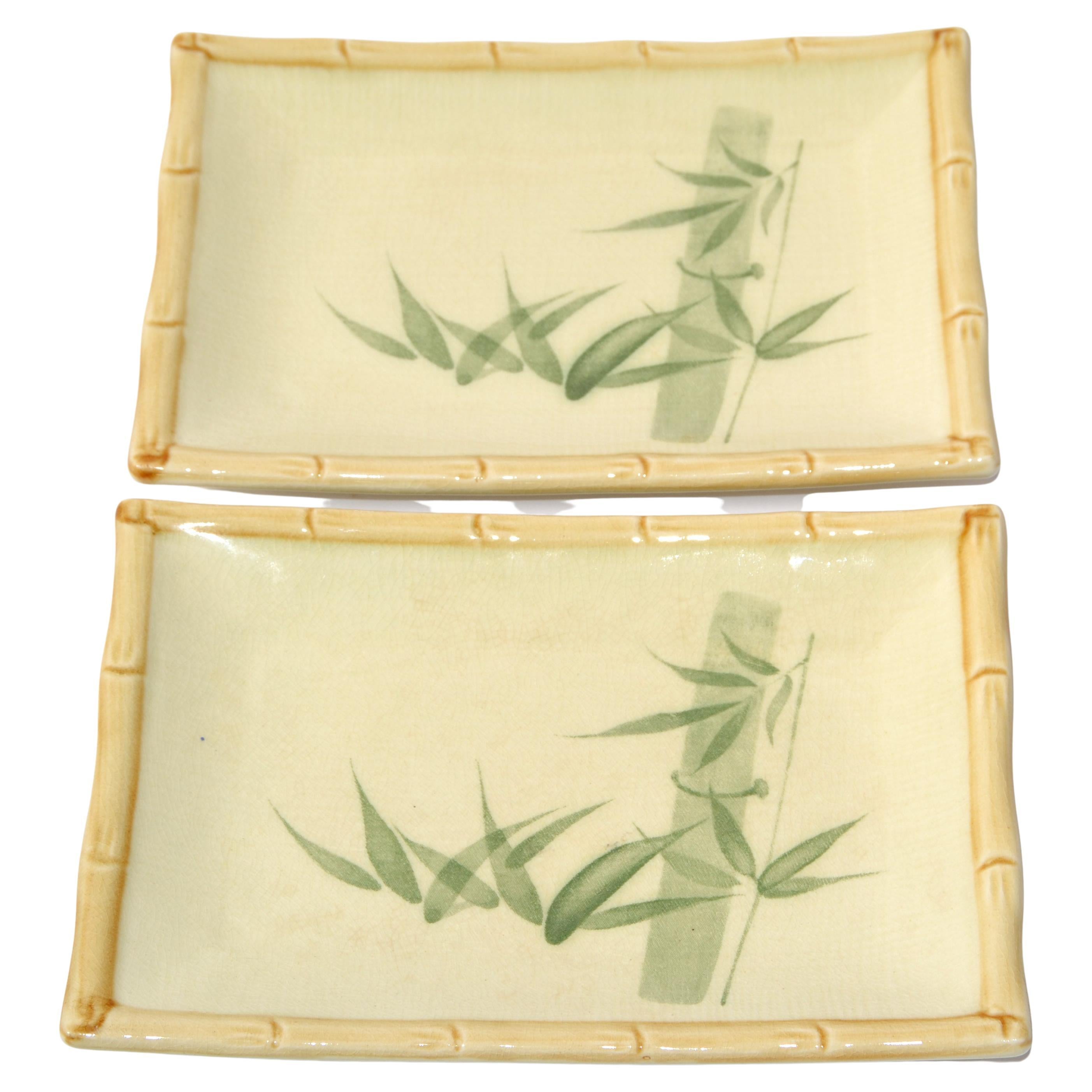 Pair Miya Japan Porcelain Sushi Serving Plates Trays Green Beige Bamboo Décor  For Sale