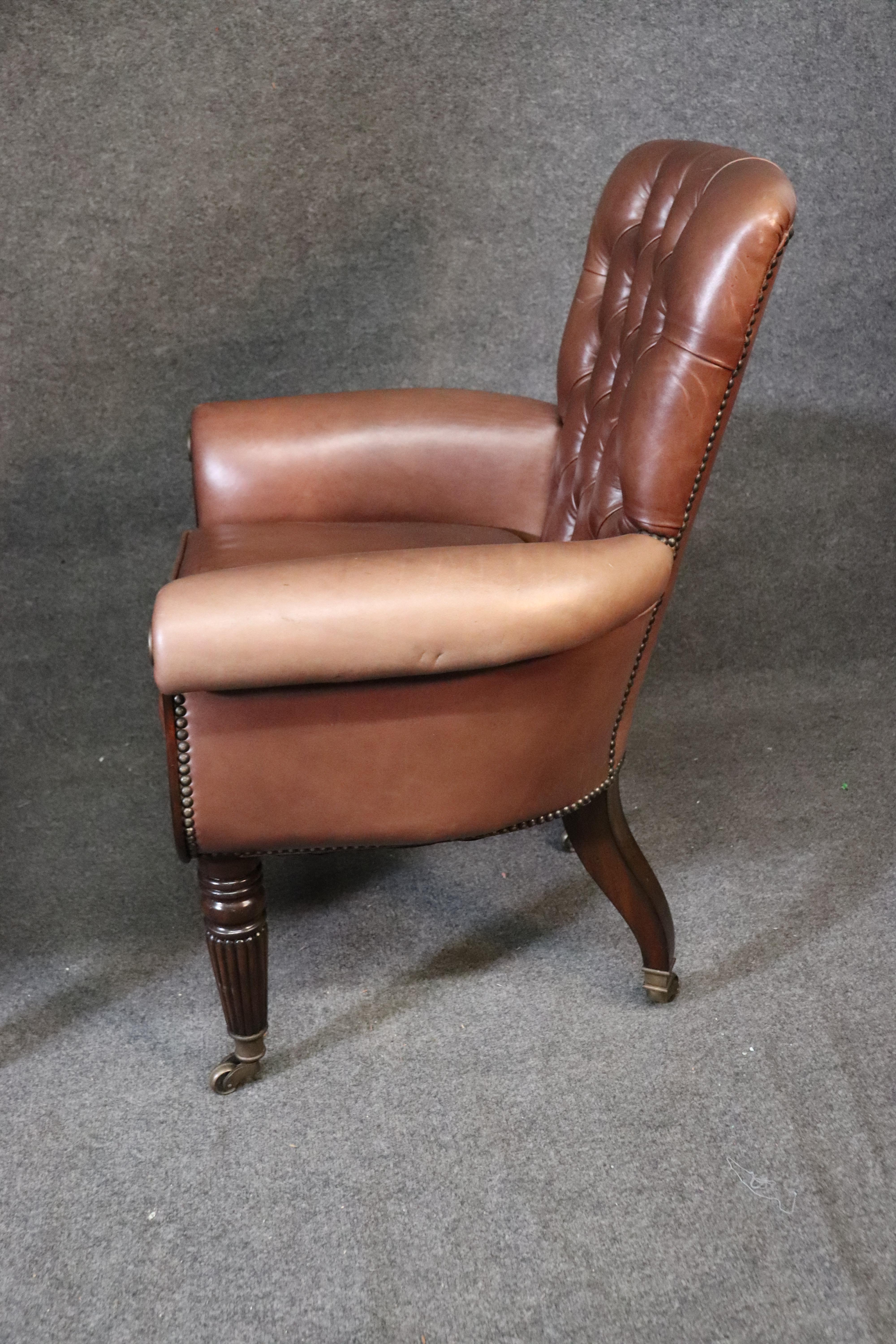 Philippine Pair of Mocha Brown Leather Maitland Smith Georgian Mahogany Club Chairs