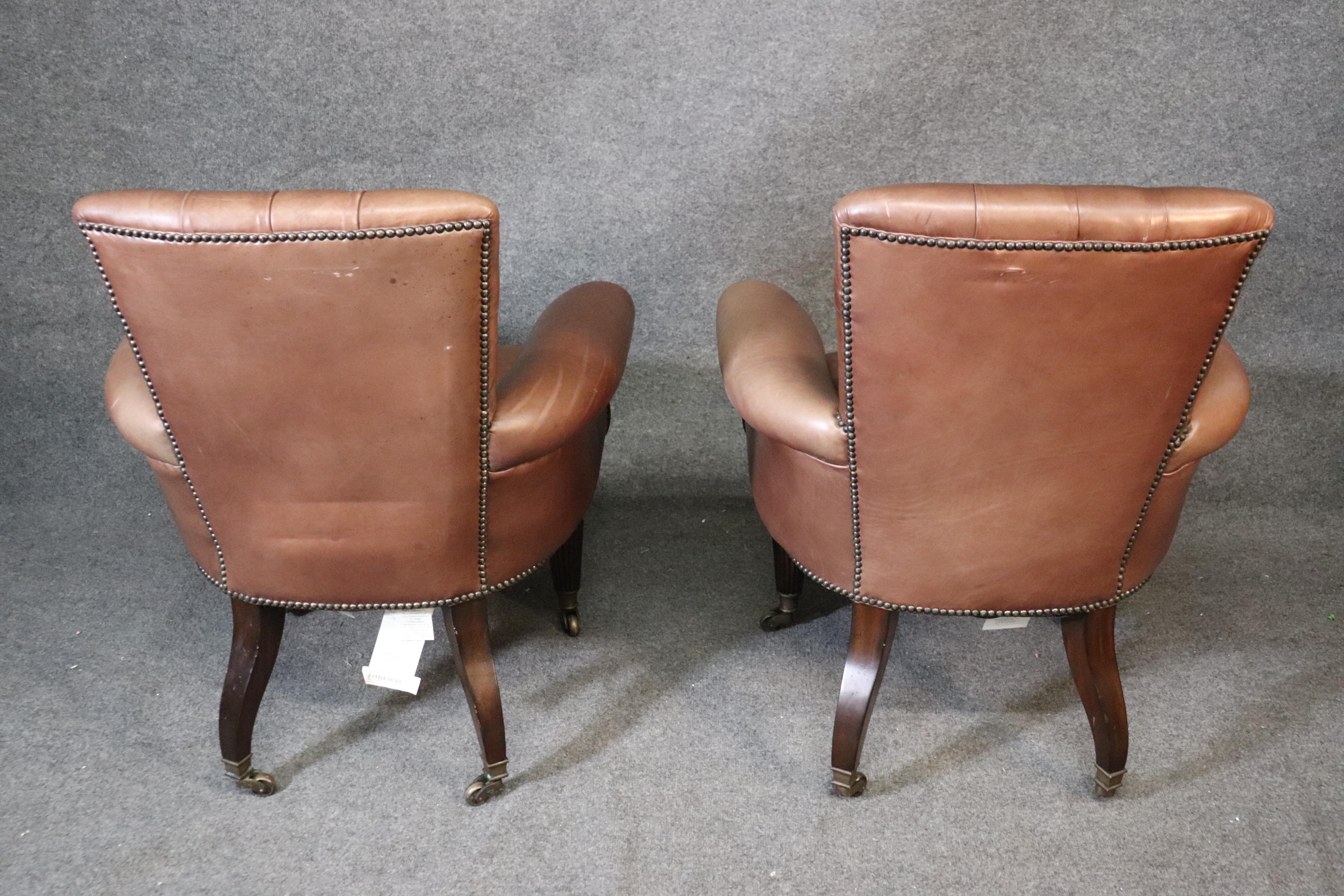 Pair of Mocha Brown Leather Maitland Smith Georgian Mahogany Club Chairs In Good Condition In Swedesboro, NJ