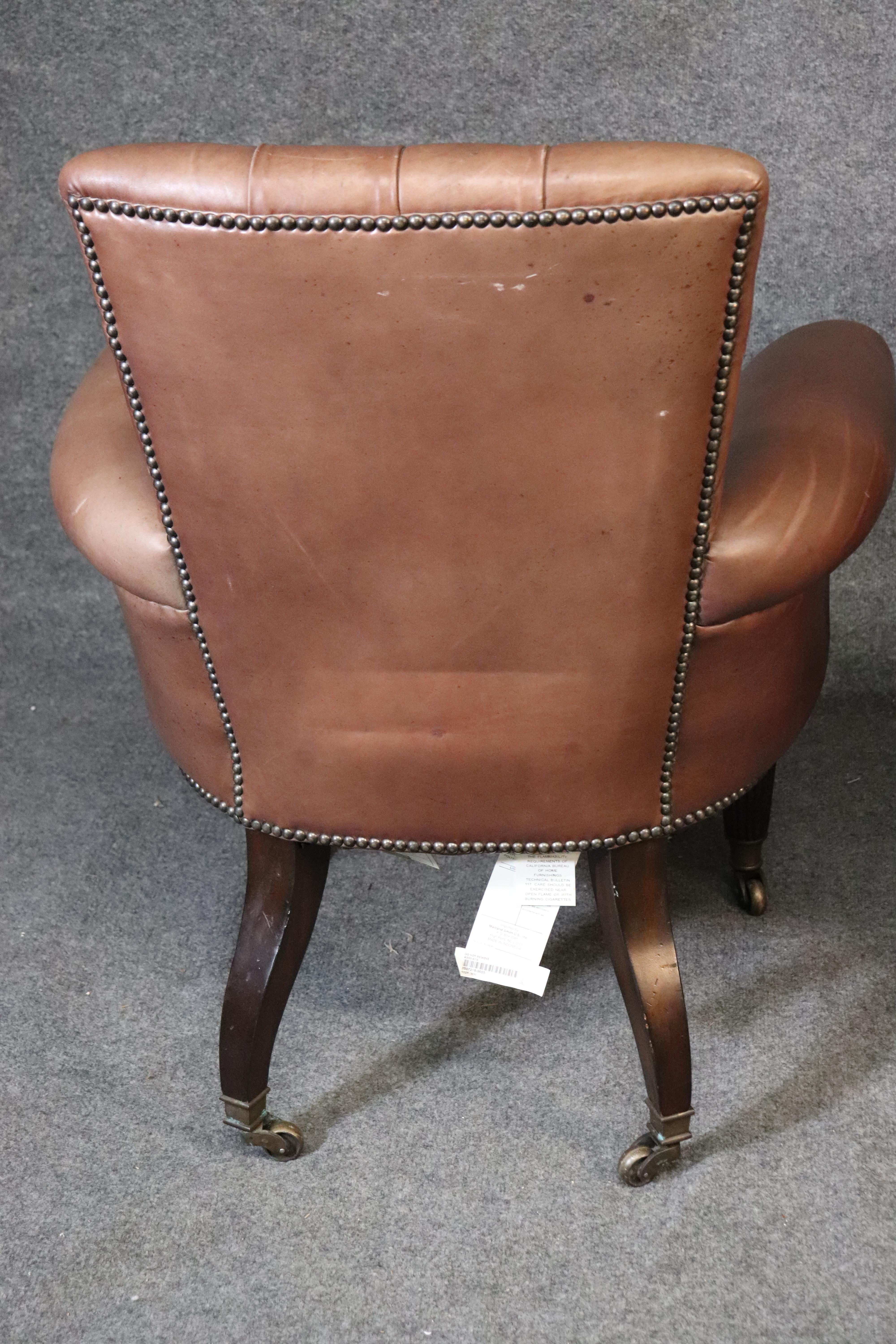 Contemporary Pair of Mocha Brown Leather Maitland Smith Georgian Mahogany Club Chairs