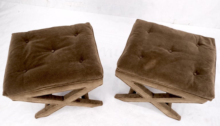 Pair Mocha Velvet Upholstered X Base Benches Billy Hains Original Mint Condition 5