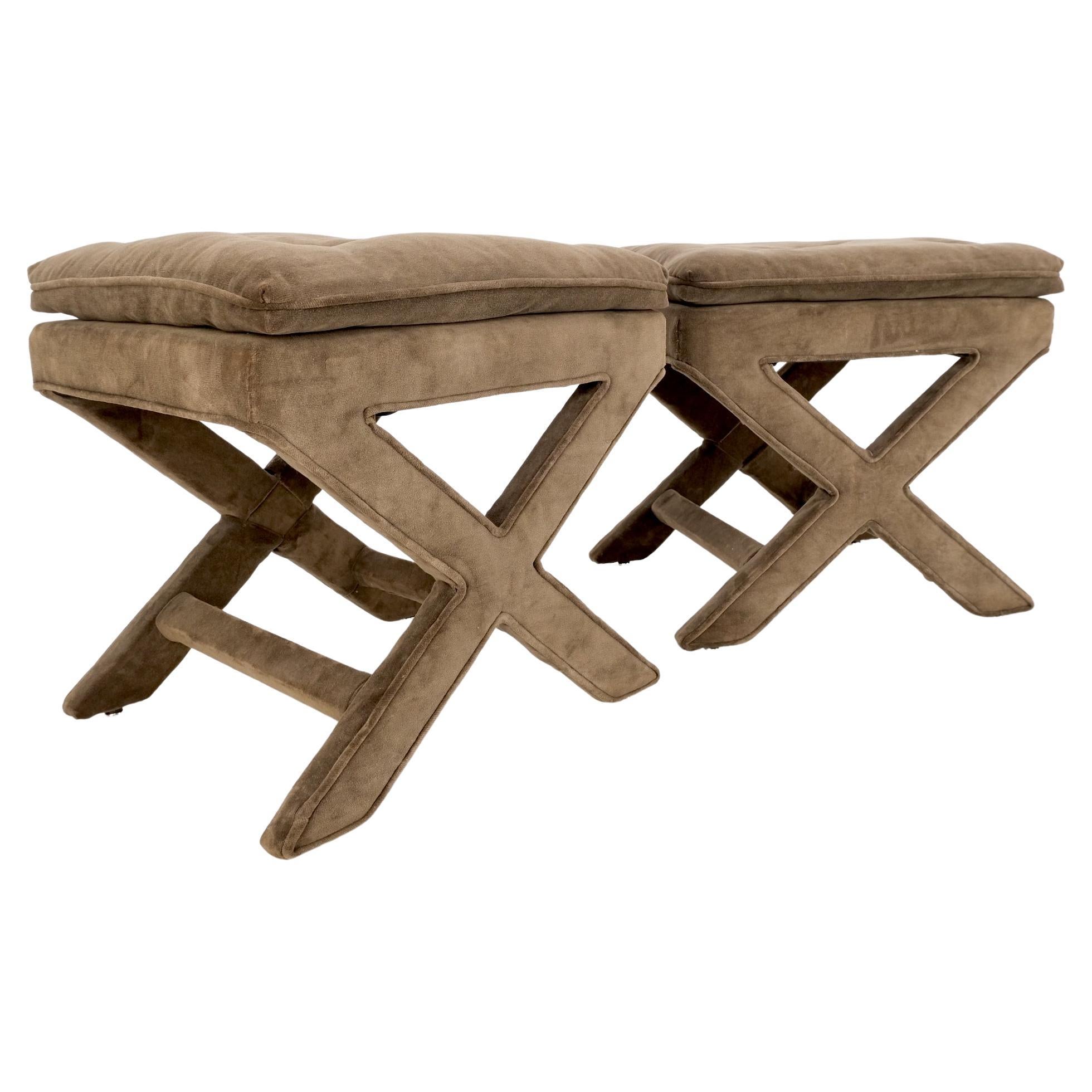 Pair Mocha velvet upholstered x base benches Billy Hains original mint condition.