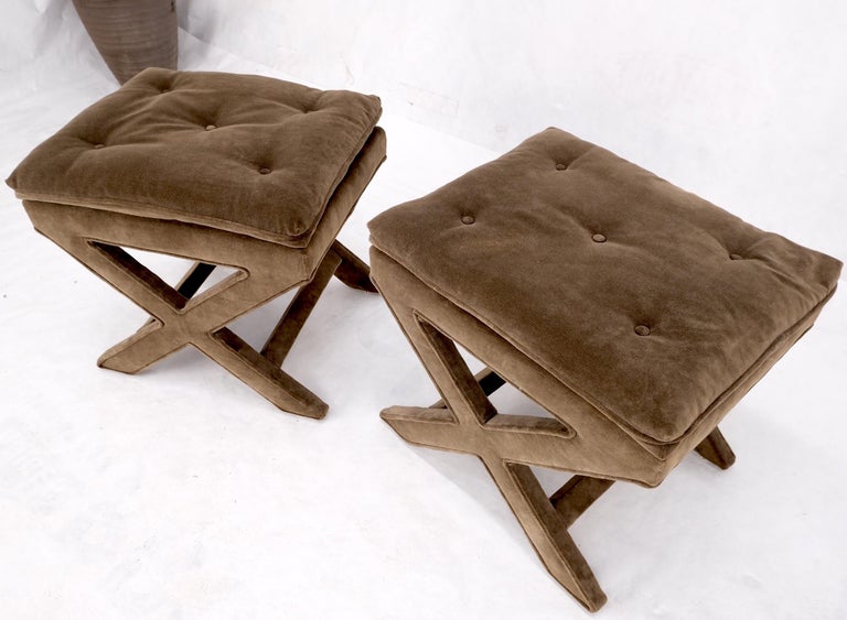 Mid-Century Modern Pair Mocha Velvet Upholstered X Base Benches Billy Hains Original Mint Condition
