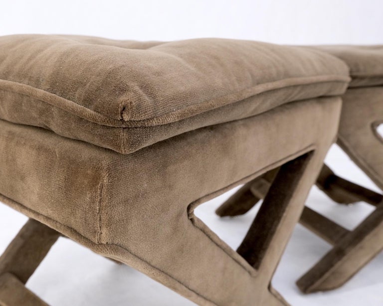 Pair Mocha Velvet Upholstered X Base Benches Billy Hains Original Mint Condition 3