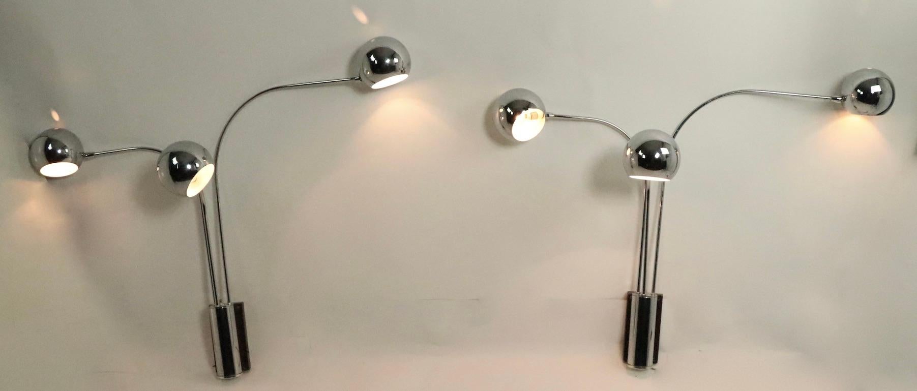 Pair of Mod Three-Arm Chrome Ball Sconces by Mutual Sunset For Sale 2