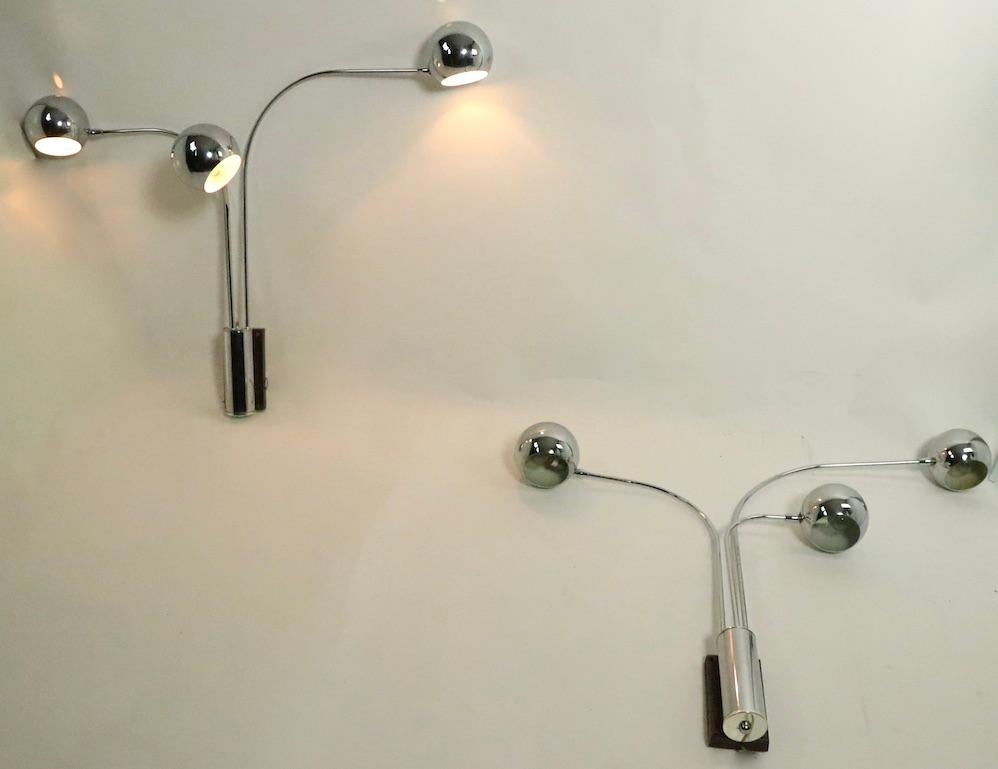 Pair of Mod Three-Arm Chrome Ball Sconces by Mutual Sunset For Sale 3