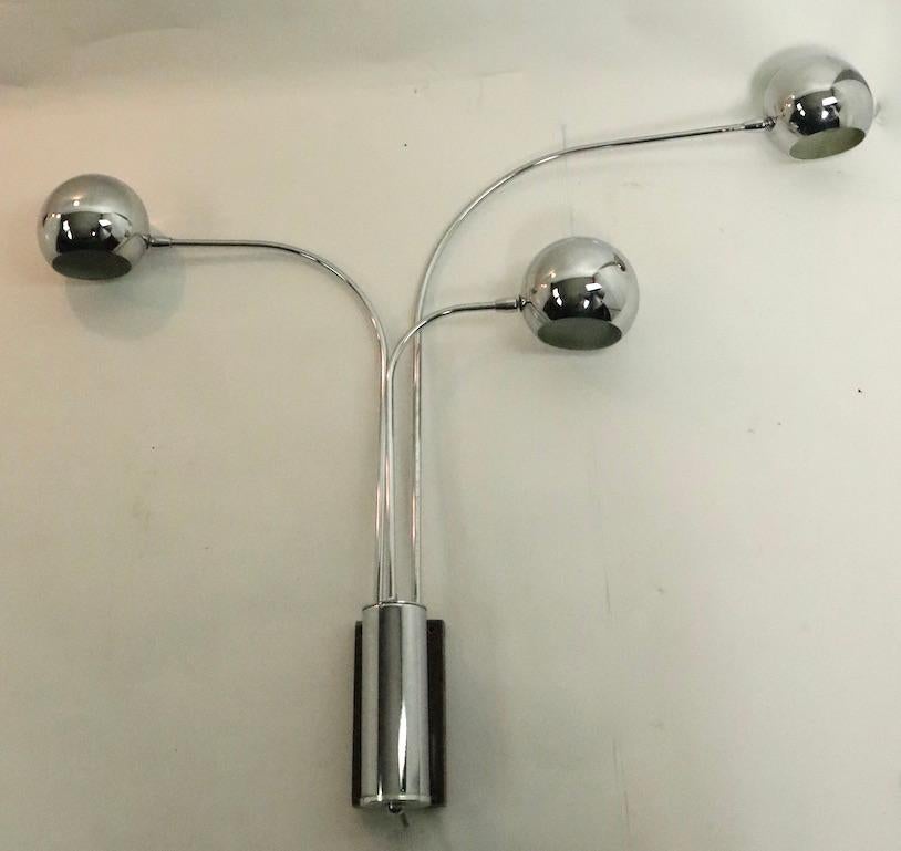 Pair of Mod Three-Arm Chrome Ball Sconces by Mutual Sunset For Sale 4