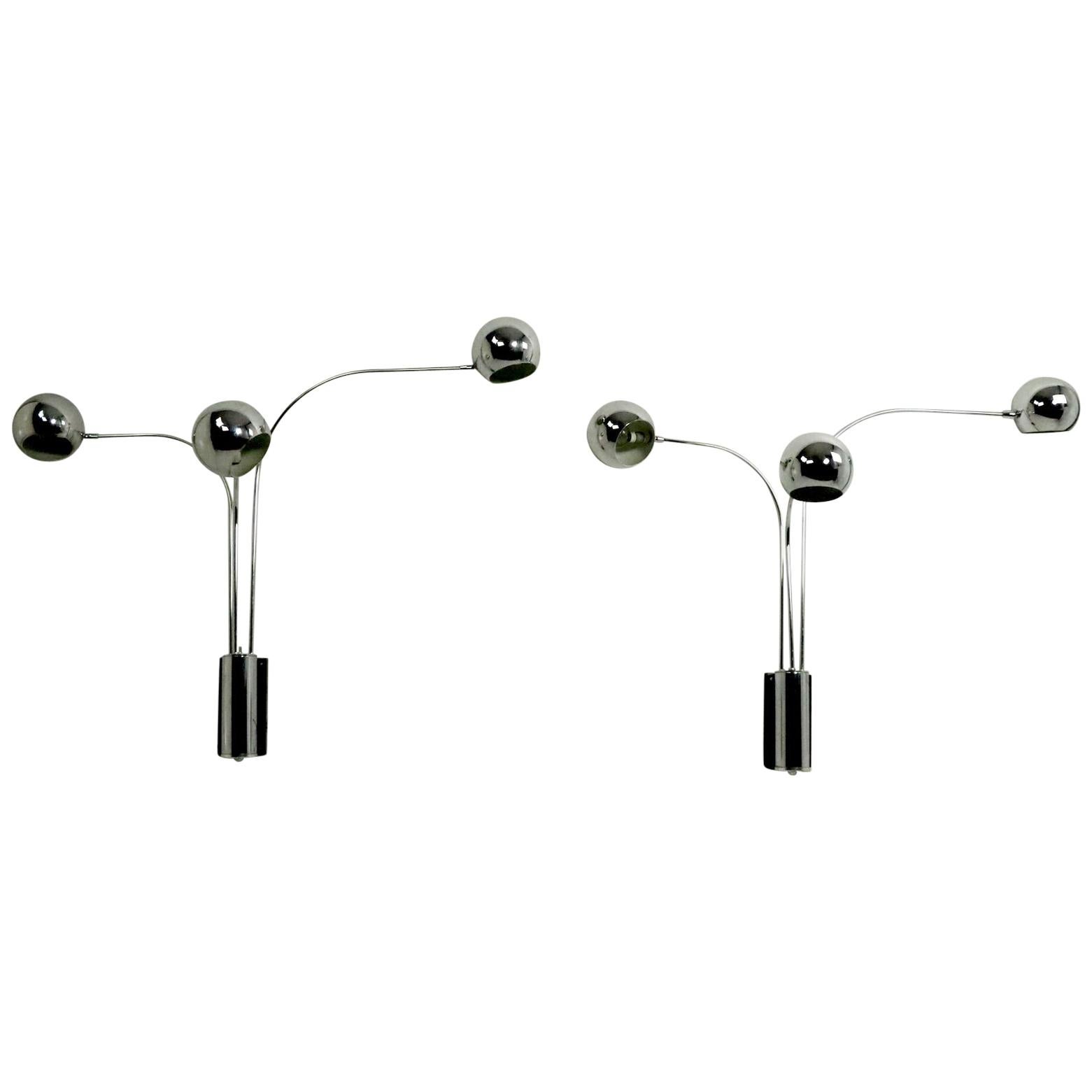 Pair of Mod Three-Arm Chrome Ball Sconces by Mutual Sunset For Sale