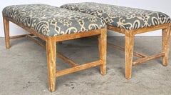 Pair Modern Beached Wood,  Blue & White Floral & Scroll Batik Style Benches