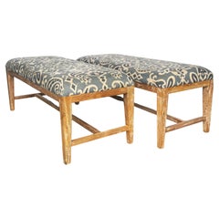 Pair Modern Beached Wood,  Blue & White Floral & Scroll Batik Style Benches