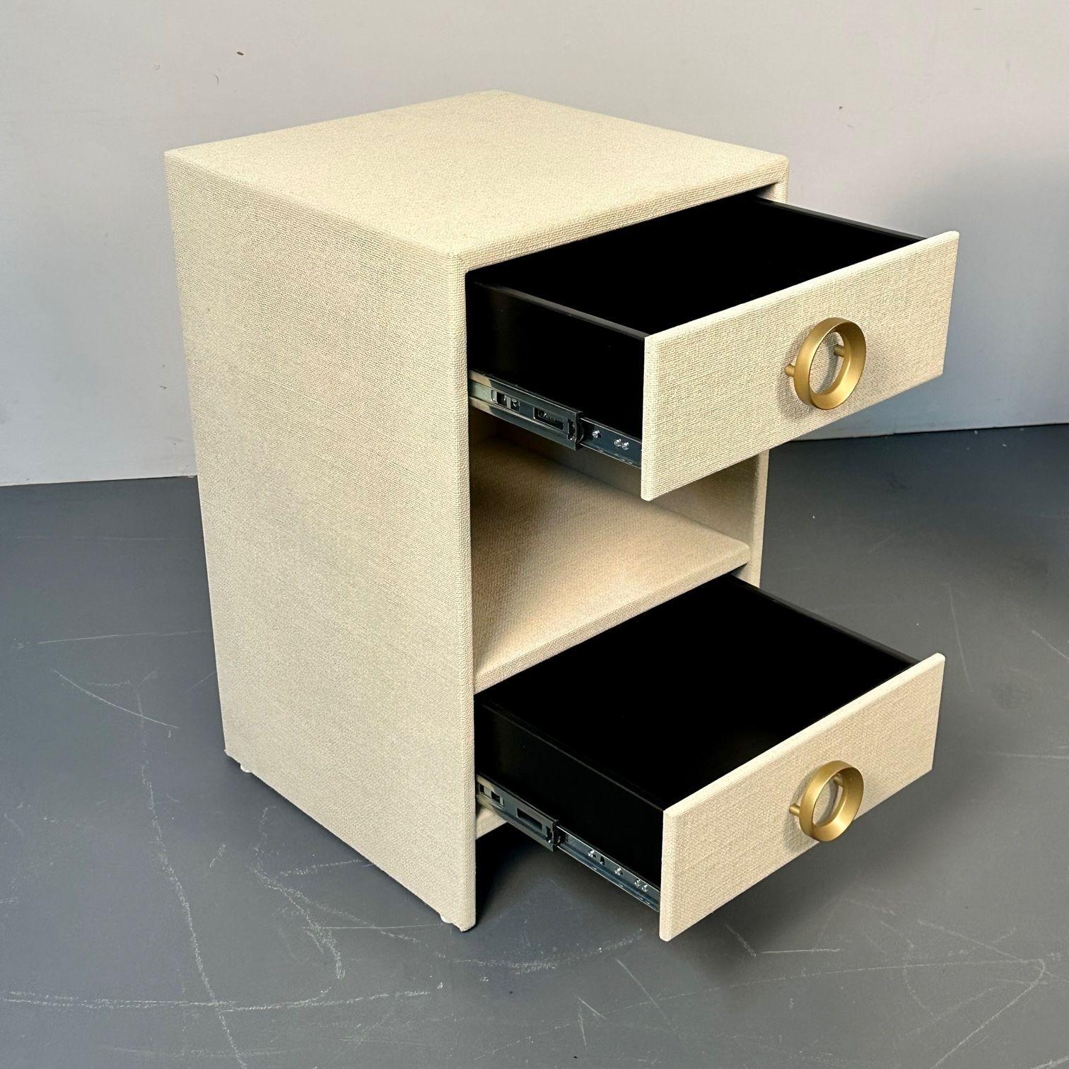 Pair Modern Beige Linen Wrapped Two Drawer Open Nightstands, End or Side Tables 4