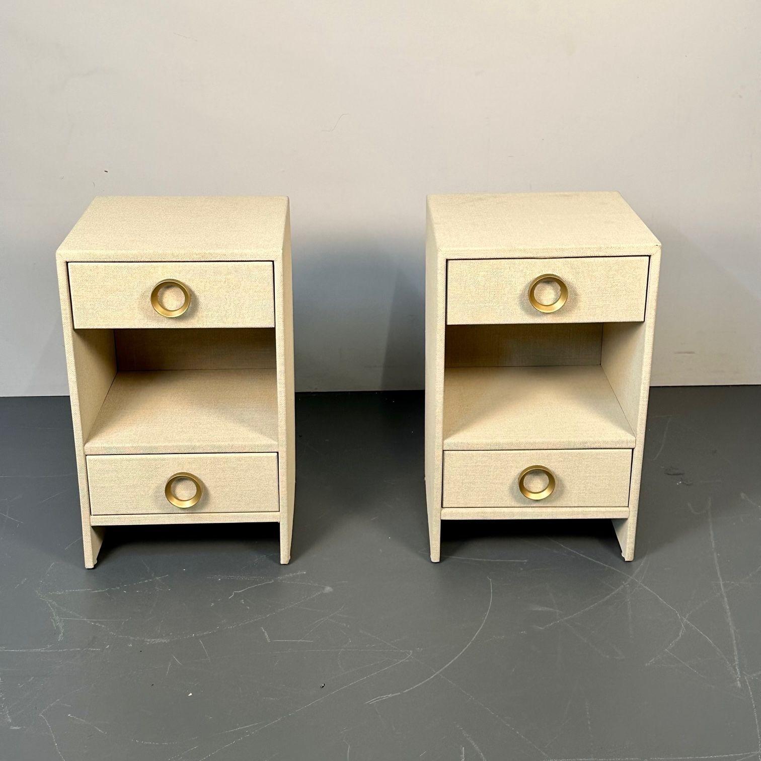 Pair Modern Beige Linen Wrapped Two Drawer Open Nightstands, End or Side Tables In Good Condition In Manhasset, NY