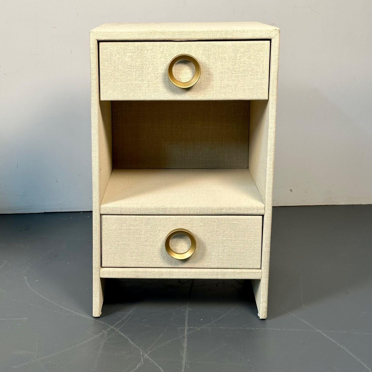 Contemporary Pair Modern Beige Linen Wrapped Two Drawer Open Nightstands, End or Side Tables
