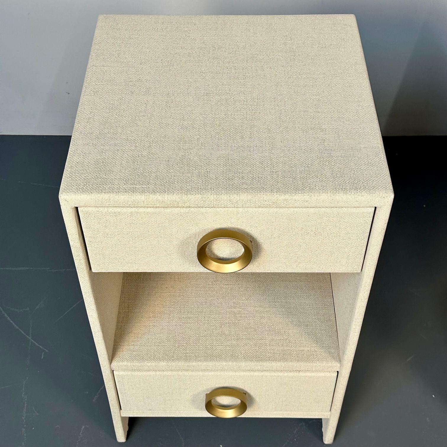 Brass Pair Modern Beige Linen Wrapped Two Drawer Open Nightstands, End or Side Tables