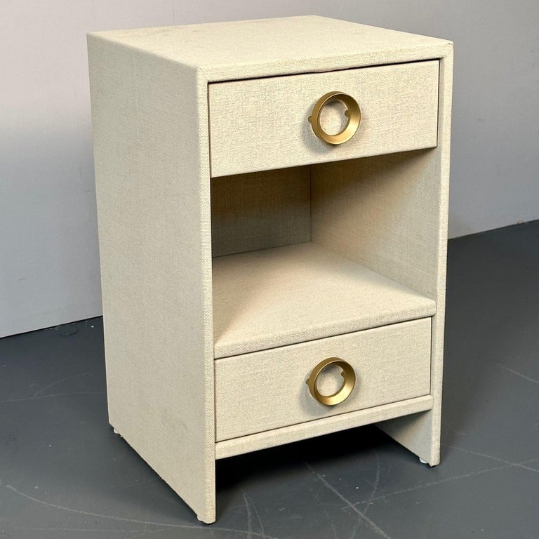 Pair Modern Beige Linen Wrapped Two Drawer Open Nightstands, End or