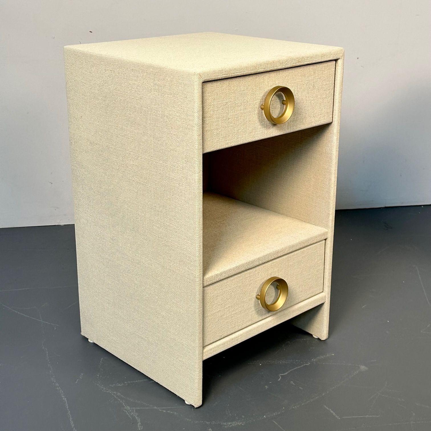 Pair Modern Beige Linen Wrapped Two Drawer Open Nightstands, End or Side Tables 2