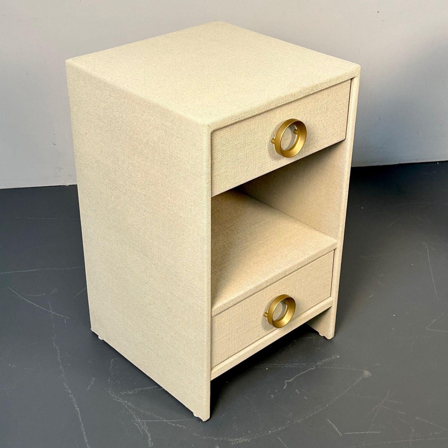 Pair Modern Beige Linen Wrapped Two Drawer Open Nightstands, End or Side Tables 3
