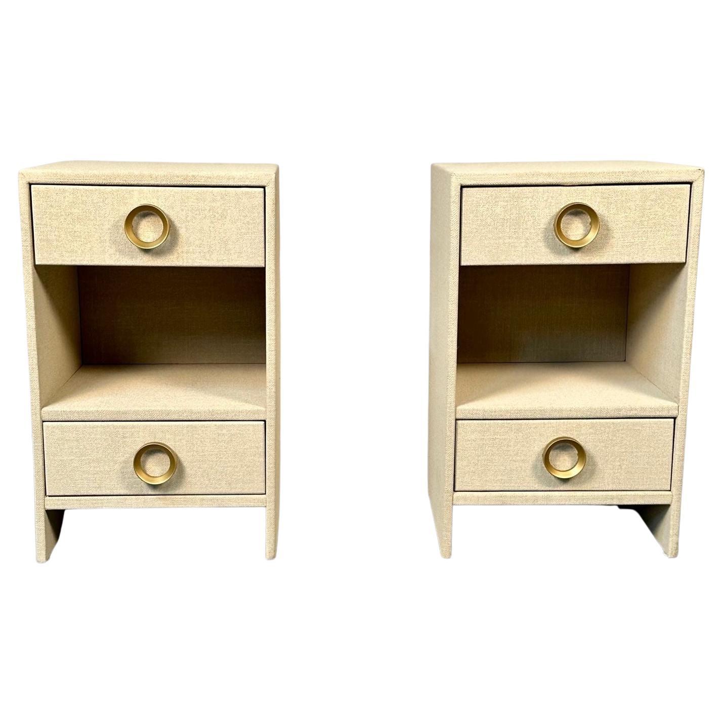 Pair Modern Beige Linen Wrapped Two Drawer Open Nightstands, End or Side Tables