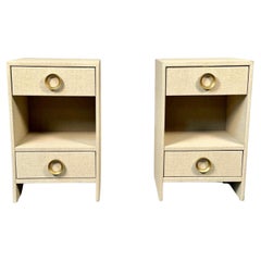 Pair Modern Beige Linen Wrapped Two Drawer Open Nightstands, End or Side Tables