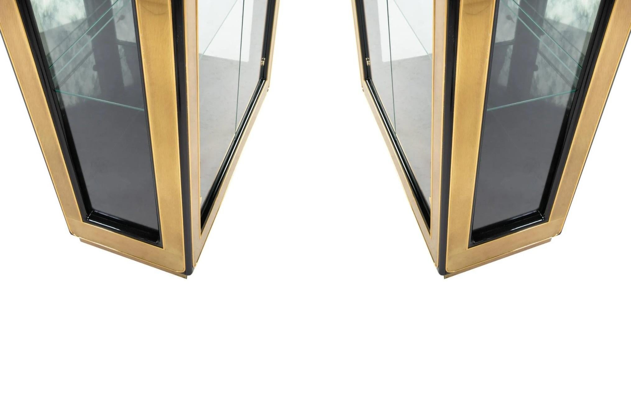 American Pair Modern Black Lacquered & Brass Curio Display Cabinets by Mastercraft For Sale