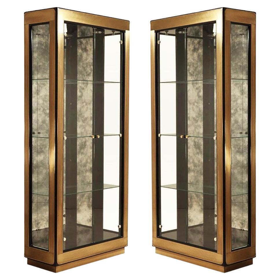 Pair Modern Black Lacquered & Brass Curio Display Cabinets by Mastercraft