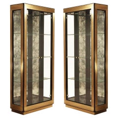 Vintage Pair Modern Black Lacquered & Brass Curio Display Cabinets by Mastercraft