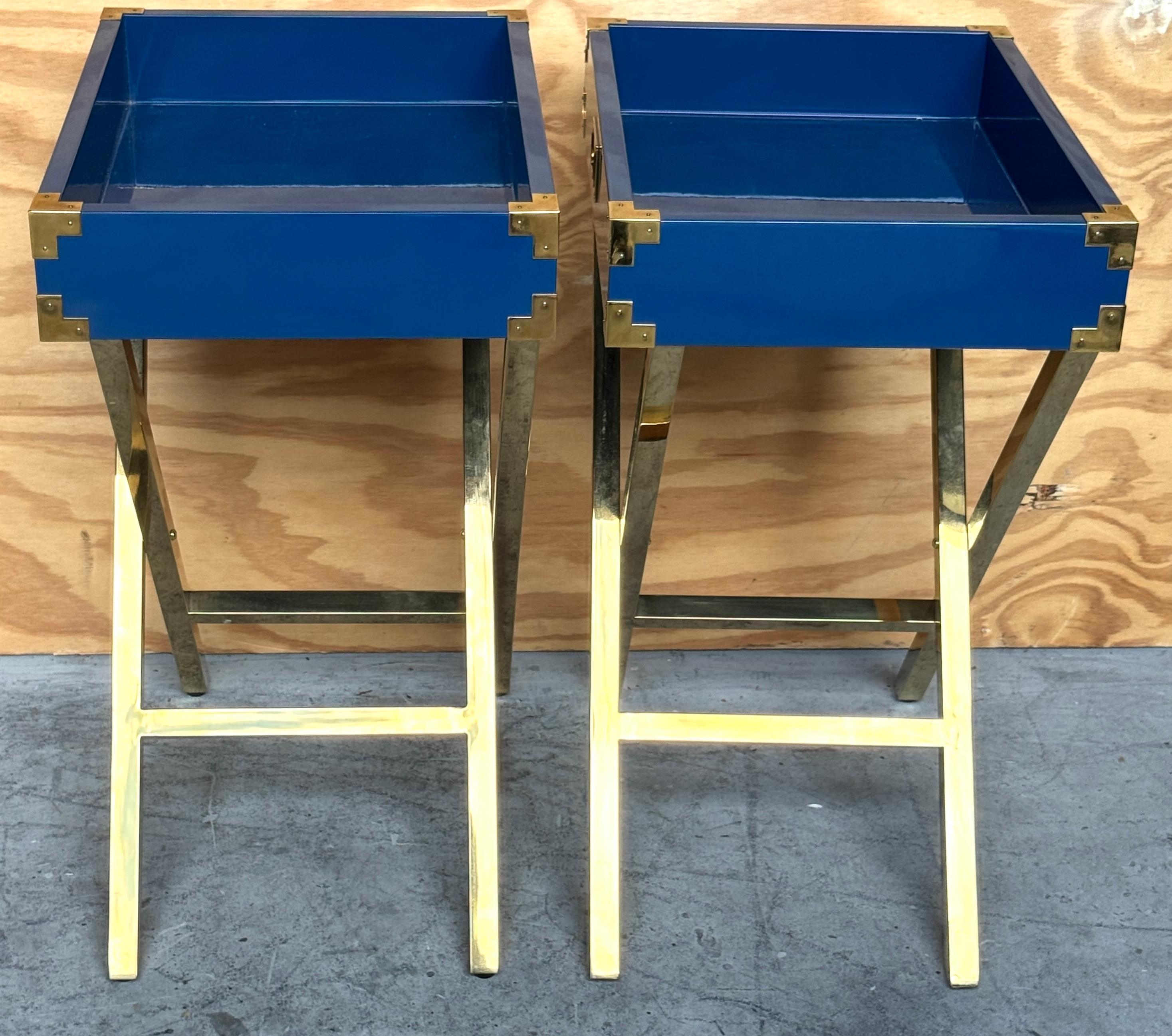Pair Modern Blue Lacquered &Gilt Campaign-Style Tray Tables, Attrib. Made Goods For Sale 5