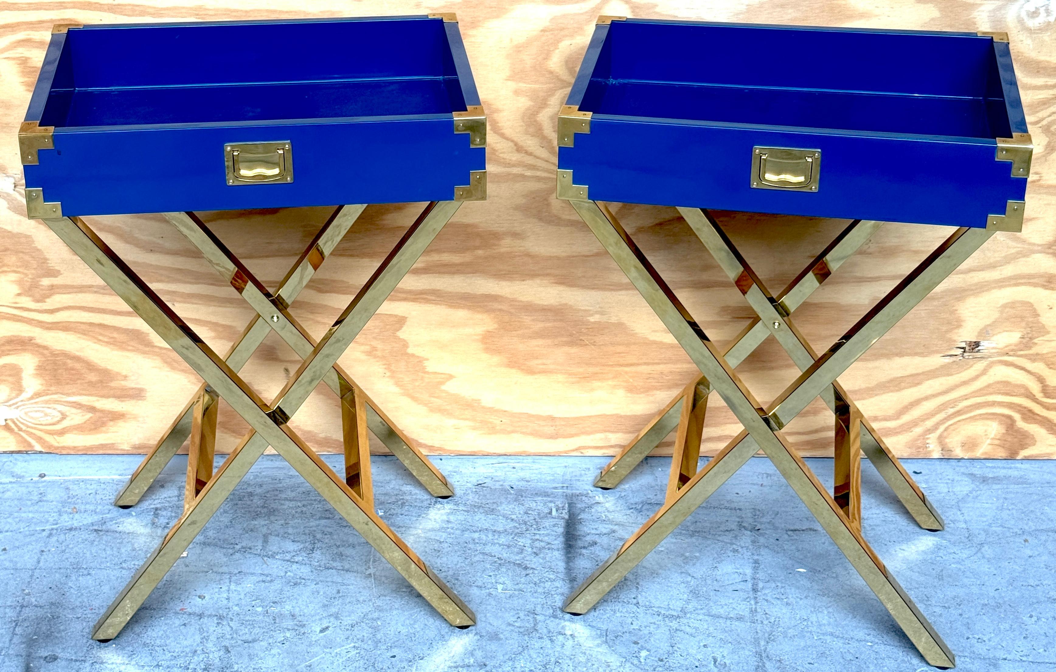Contemporary Pair Modern Blue Lacquered &Gilt Campaign-Style Tray Tables, Attrib. Made Goods For Sale