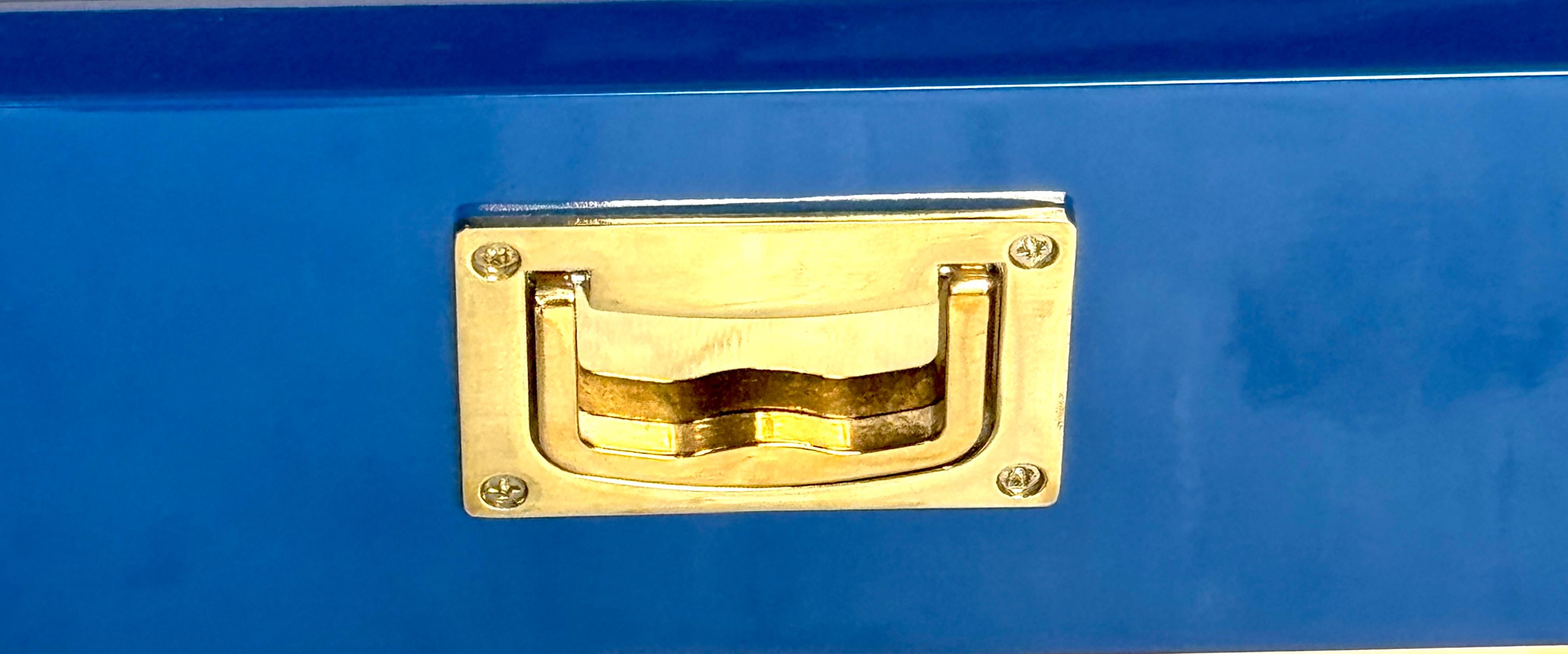 Brass Pair Modern Blue Lacquered &Gilt Campaign-Style Tray Tables, Attrib. Made Goods For Sale