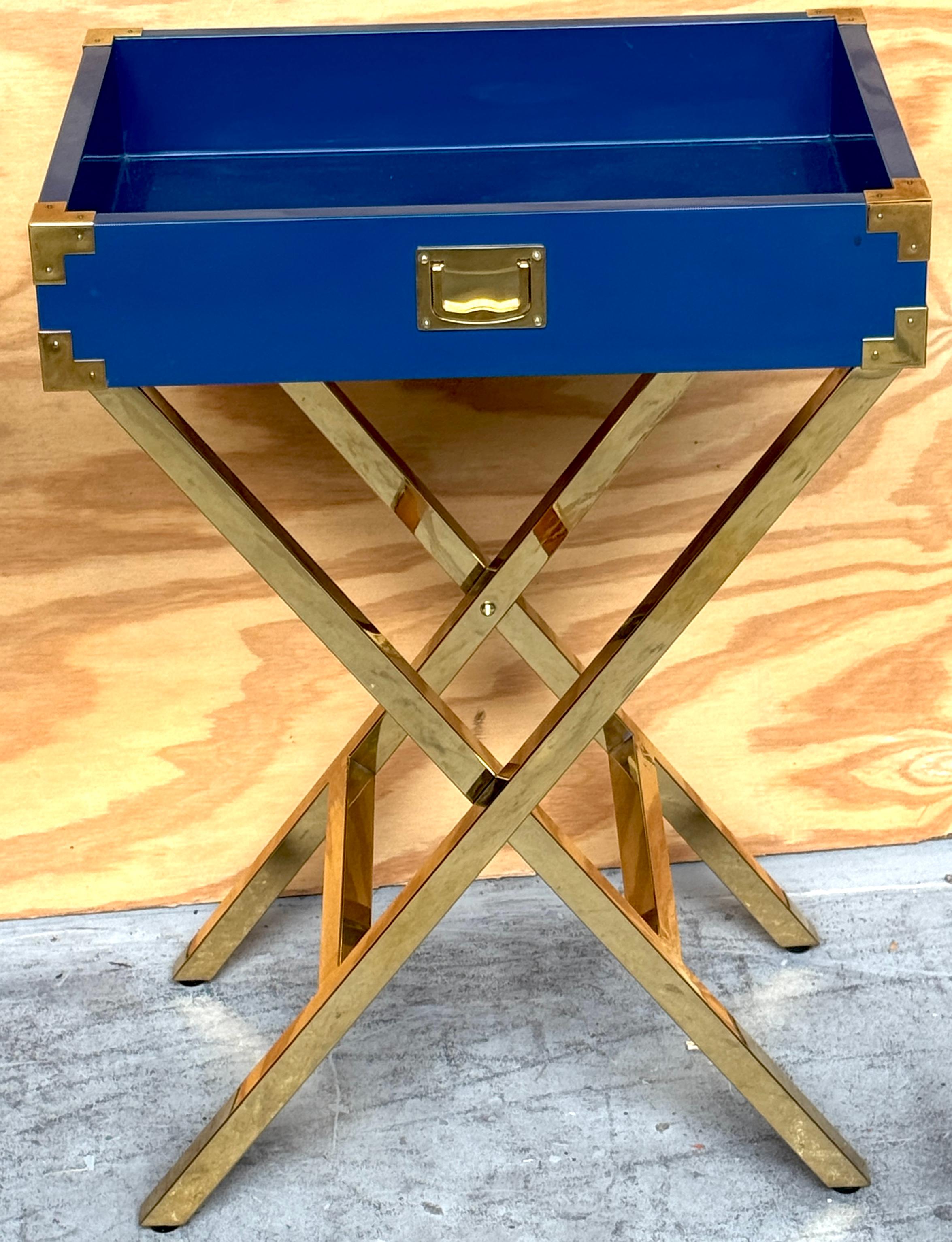 Pair Modern Blue Lacquered &Gilt Campaign-Style Tray Tables, Attrib. Made Goods For Sale 1