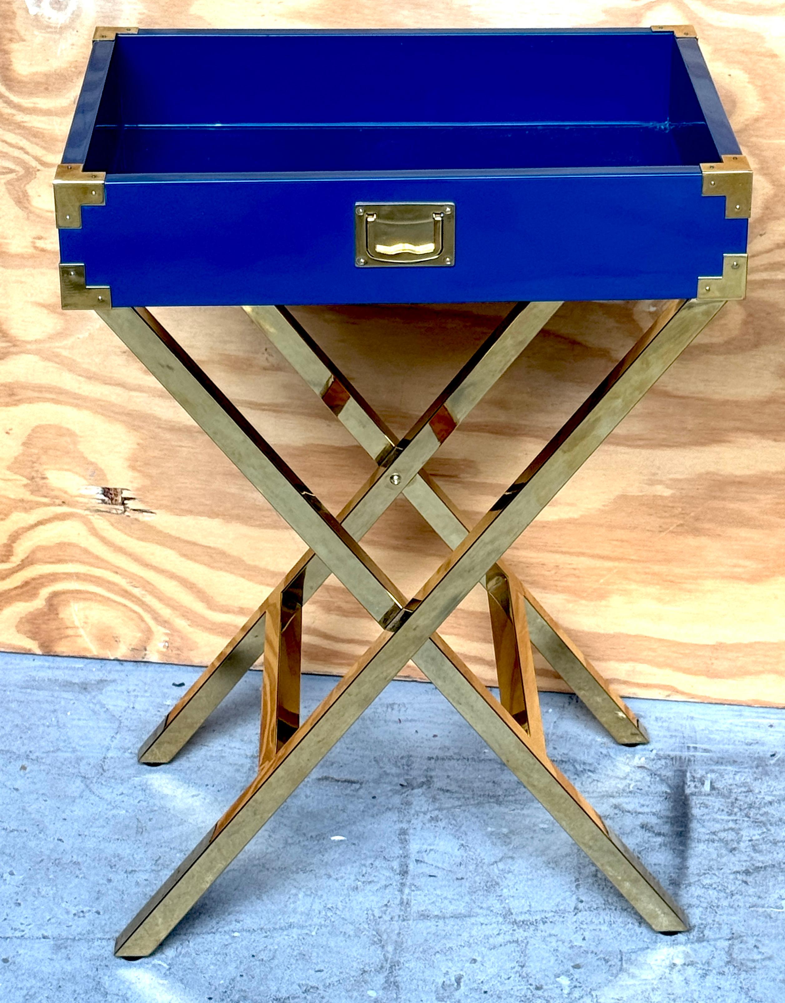 Pair Modern Blue Lacquered &Gilt Campaign-Style Tray Tables, Attrib. Made Goods For Sale 2