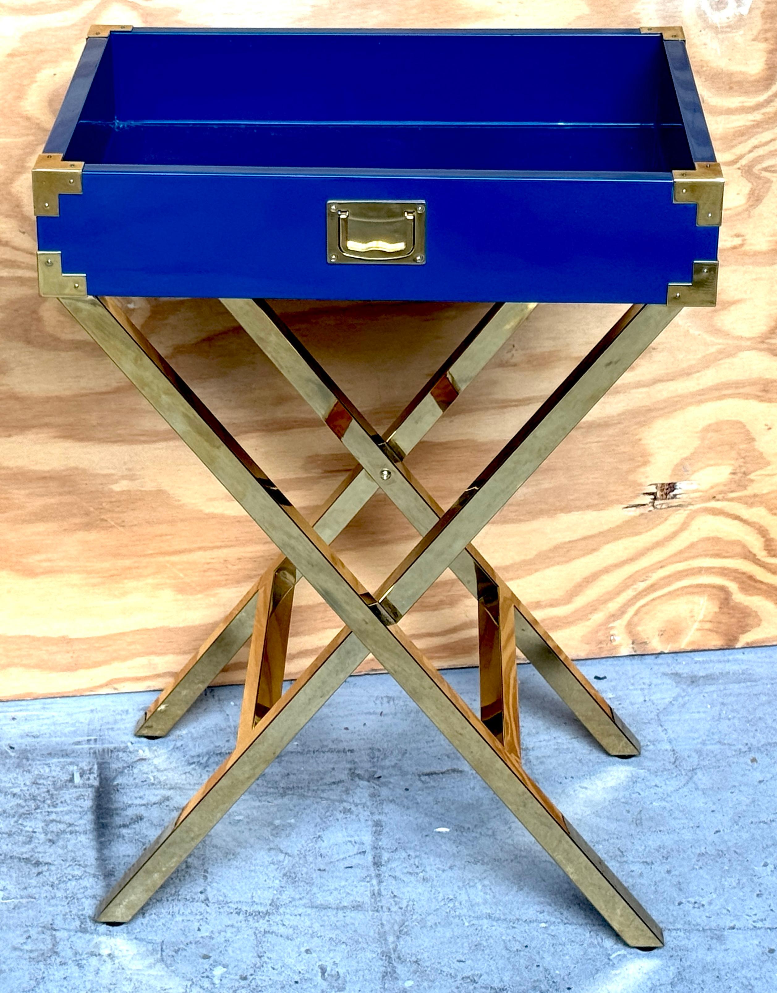 Pair Modern Blue Lacquered &Gilt Campaign-Style Tray Tables, Attrib. Made Goods For Sale 4
