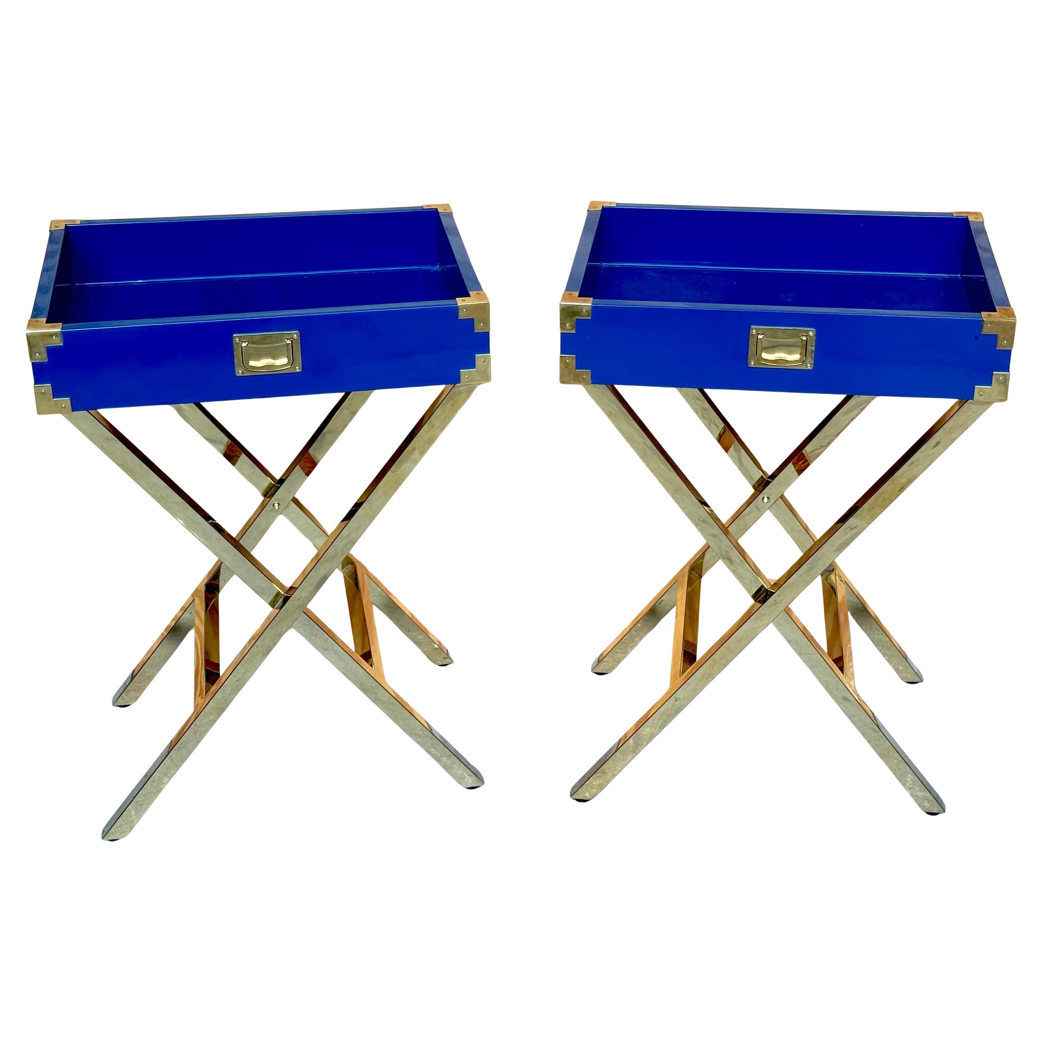 Pair Modern Blue Lacquered &Gilt Campaign-Style Tray Tables, Attrib. Made Goods For Sale