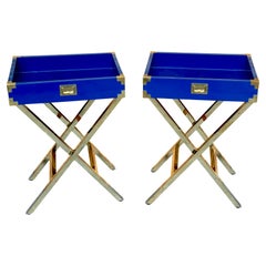 Pair Modern Blue Lacquered &Gilt Campaign-Style Tray Tables, Attrib. Made Goods