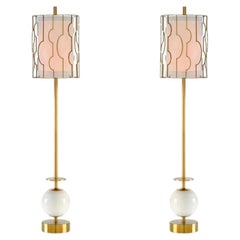 Pair Modern Brass and Glazed Ceramic Table Lamps