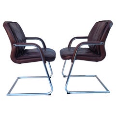 Pair Modern Brown Leather and Chrome Executive Armchairs by Vecta