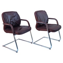 Pair Modern Brown Leather and Chrome Executive Armchairs by Vecta