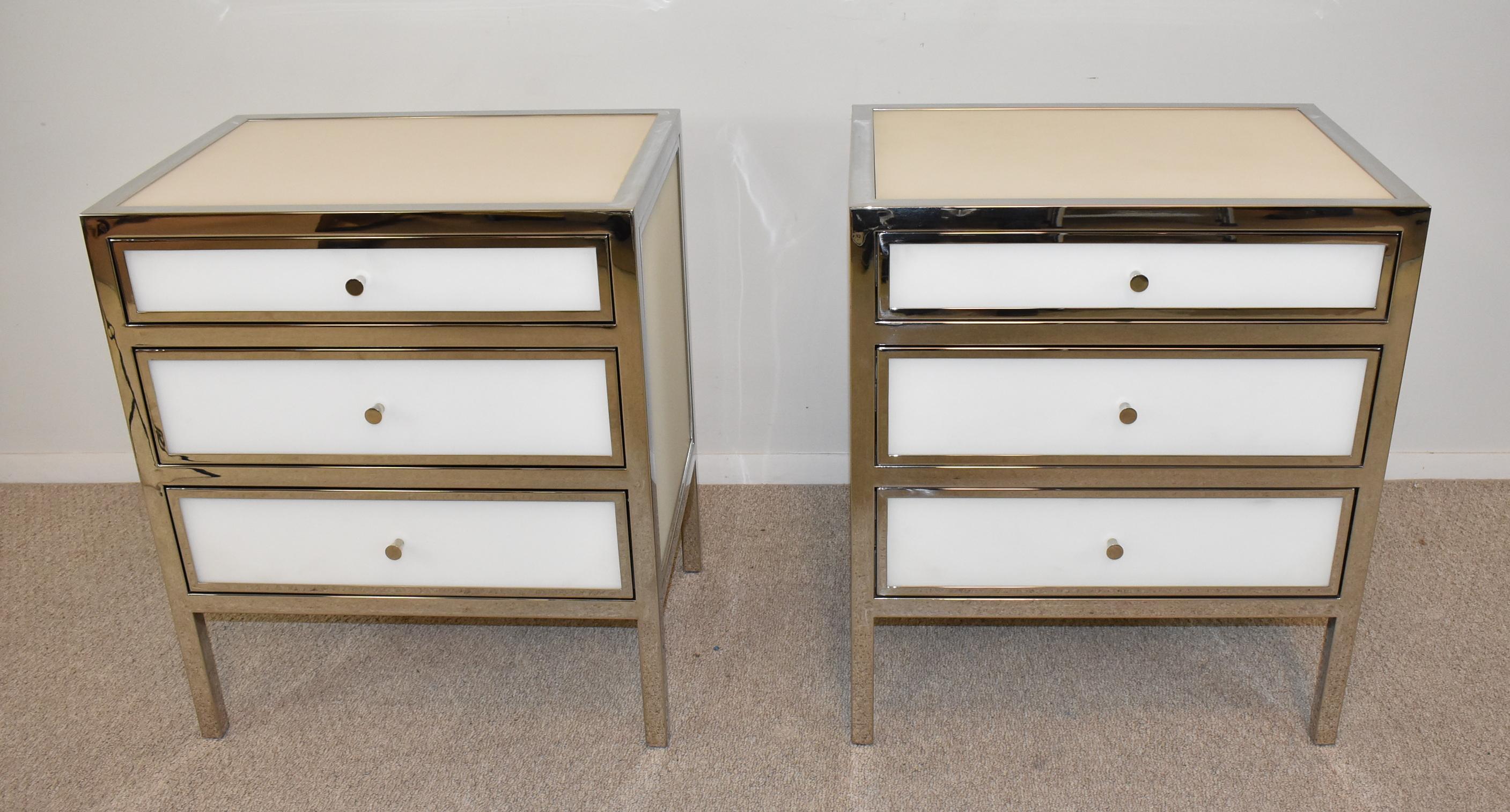Pair modern chrome and Blanca glass three drawer chests / nightstands by Bernhardt.