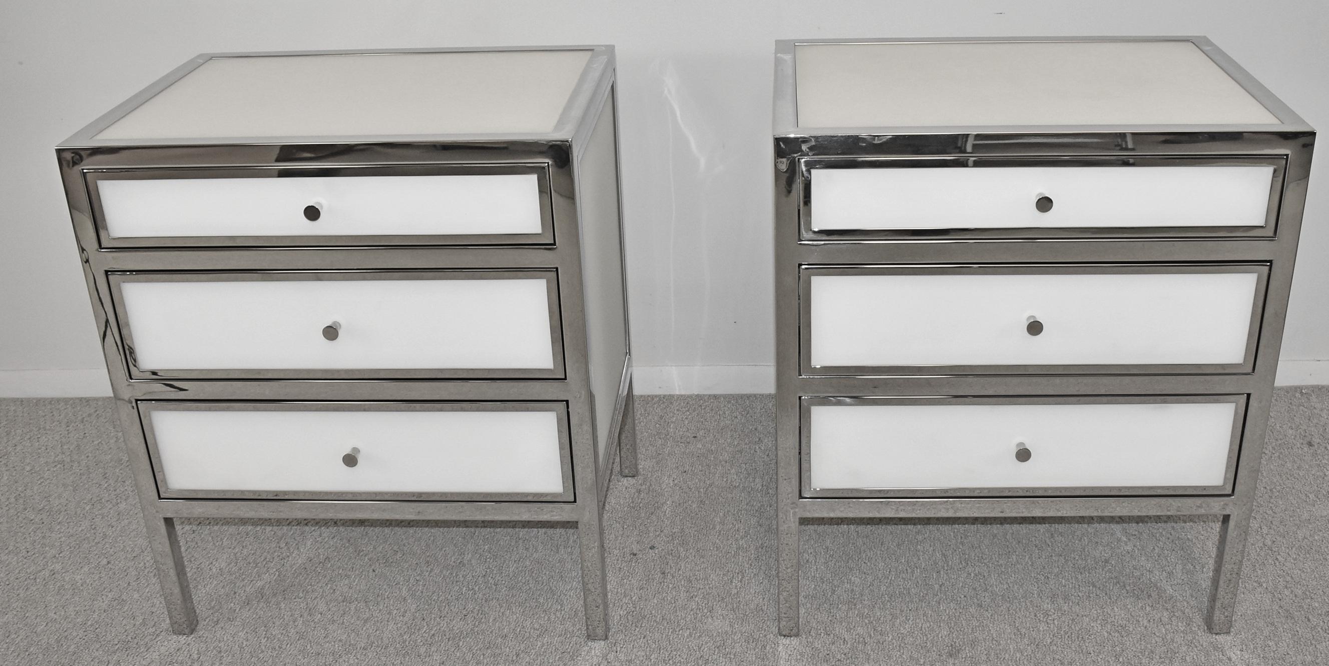 Pair modern chrome and Blanca glass three drawer chests / nightstands by Bernhardt. New condition, still with tags. 19