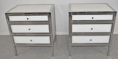 Pair Modern Chrome & Blanca Glass Three Drawer Chests by Bernhardt