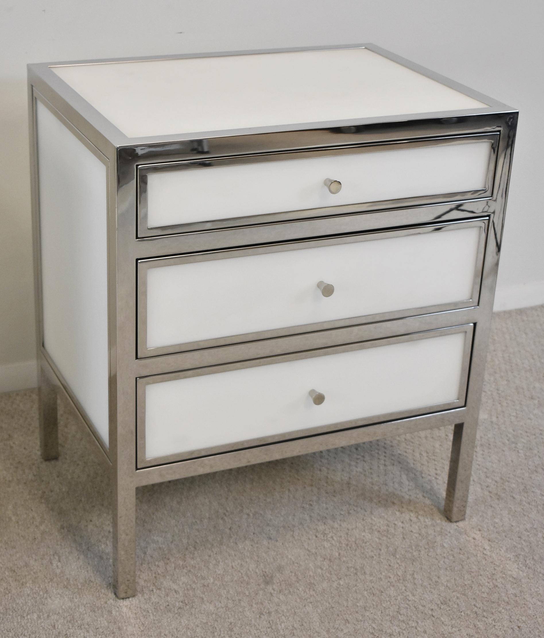 North American Pair Modern Chrome & Blanca Glass Three Drawer Chests by Bernhardt