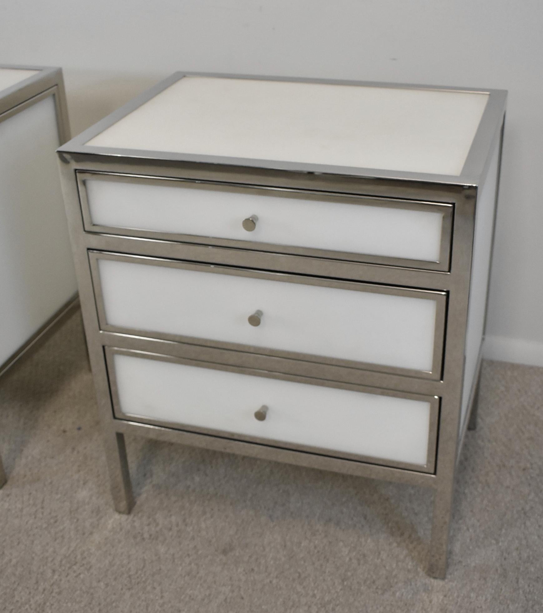 Pair Modern Chrome & Blanca Glass Three Drawer Chests by Bernhardt In Excellent Condition In Toledo, OH