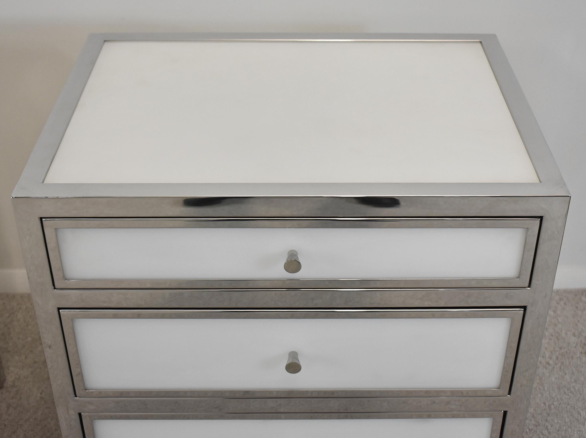 20th Century Pair Modern Chrome & Blanca Glass Three Drawer Chests by Bernhardt