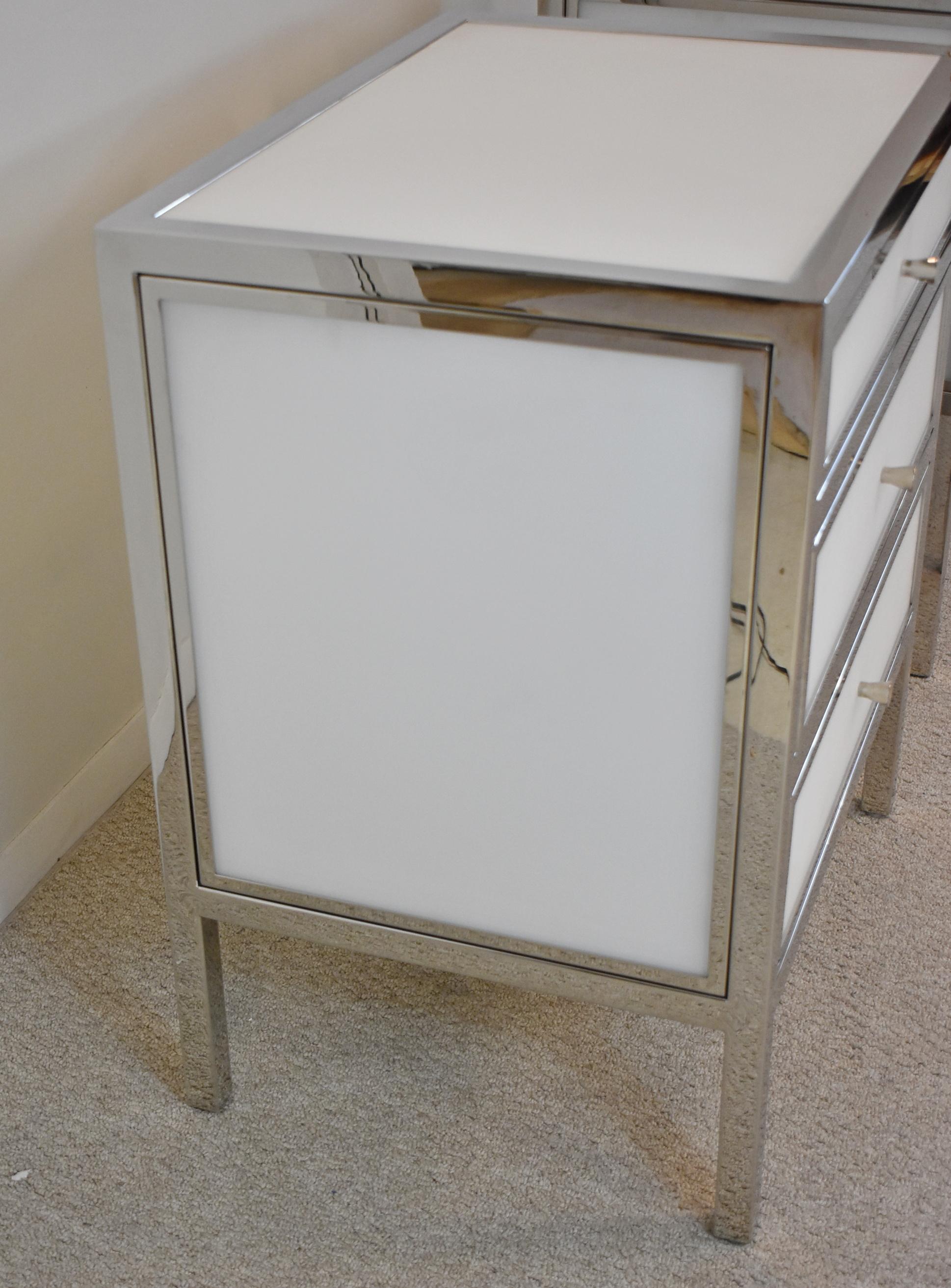 Pair Modern Chrome & Blanca Glass Three Drawer Chests by Bernhardt 2