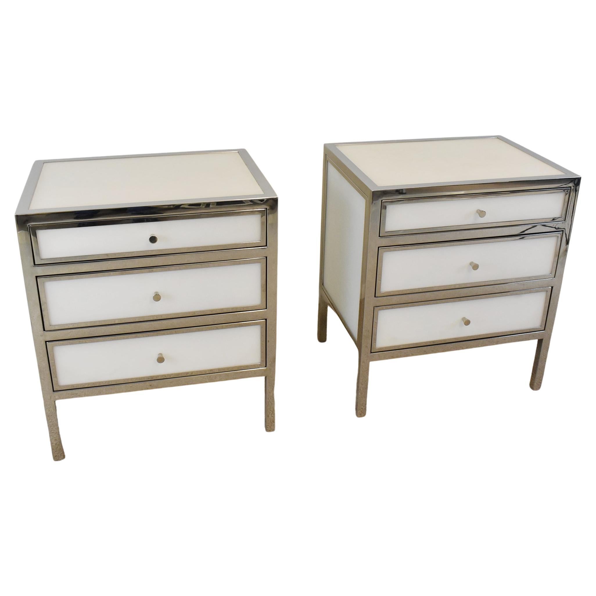 Pair Modern Chrome & Blanca Glass Three Drawer Chests by Bernhardt For Sale