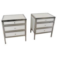 Pair Modern Chrome & Blanca Glass Three Drawer Chests by Bernhardt