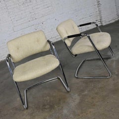 Pair Modern Chrome Cantilever Chairs Oatmeal Hopsacking Steelcase Model 421 482